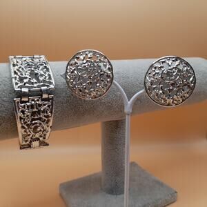 Vintage Sarah Coventry Set: Bracelet Clip Earrings, Frozen Lace, 1970s